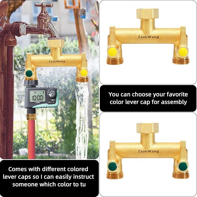 Heavy Duty Brass 2-Way Garden Hose Splitter, 3/4" GHT Threads, Metal Shutoff Valve, Long Handle（2 pack）
