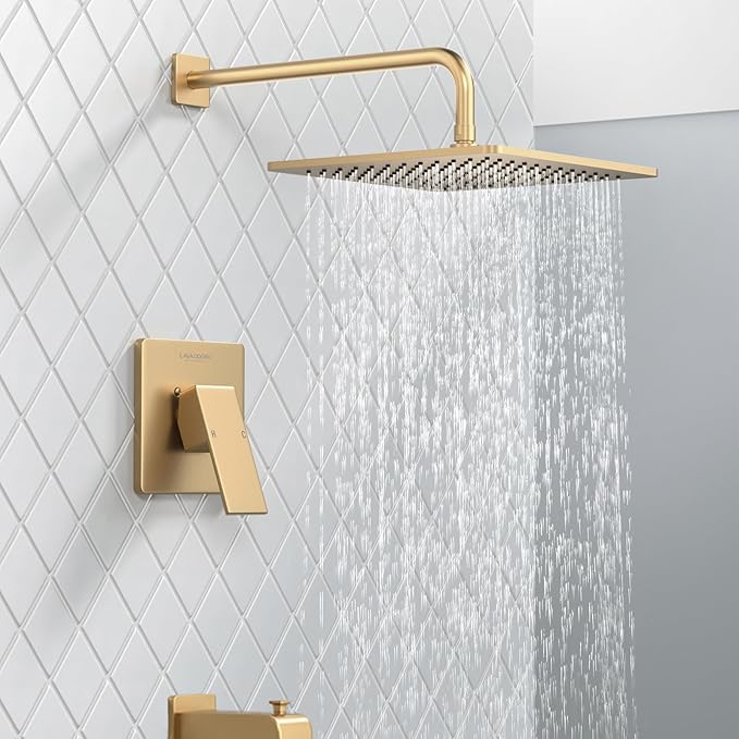 Lava Odoro 12-inch Square Bathtub and Shower Faucet Set Champagne Gold, Shower Trim Kit with Rough-in Valve High Pressure Gold Rainfall Shower Head and Handle Set, (Valve Included), SF106-CB-T