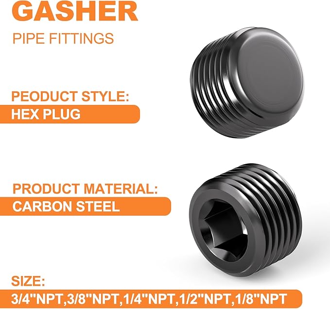 GASHER 25Pcs Carbon Steel Pipe Plug Fitting Internal Hex Thread Socket Pipe Plug Set, 1/8" 1/4" 3/8" 1/2" 3/4" NPT