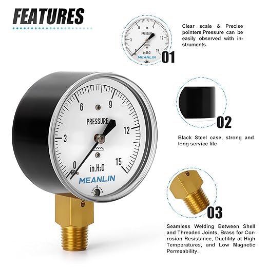 MEANLIN MEASURE 0-15 in H2O Diaphragm Type Capsule Low Pressure Gauge, 1/4" NPT, 2-1/4" Face Dial, Adjustable Water Column Gauge, Lower Mount
