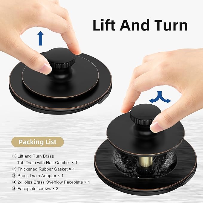 Oil Rubbed Bronze Bathtub Drain, Hair Catcher and 2-Hole Overflow Faceplate, 11.5/16 UNC, Lift and Turn Bathtub Drain Replacement, Tub Drain Stopper