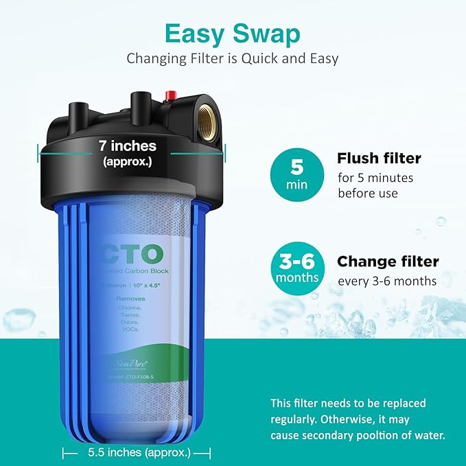 SimPure Whole House Water Filter Cartridges 5 Micron 10" x 4.5" PP+CTO 2-Stage Sediment and Carbon Filter Set, for DB10C-2, DB10P, GE FXHTC, GXWH40L, WGB21B, FP15B, FC15B, 1 Set