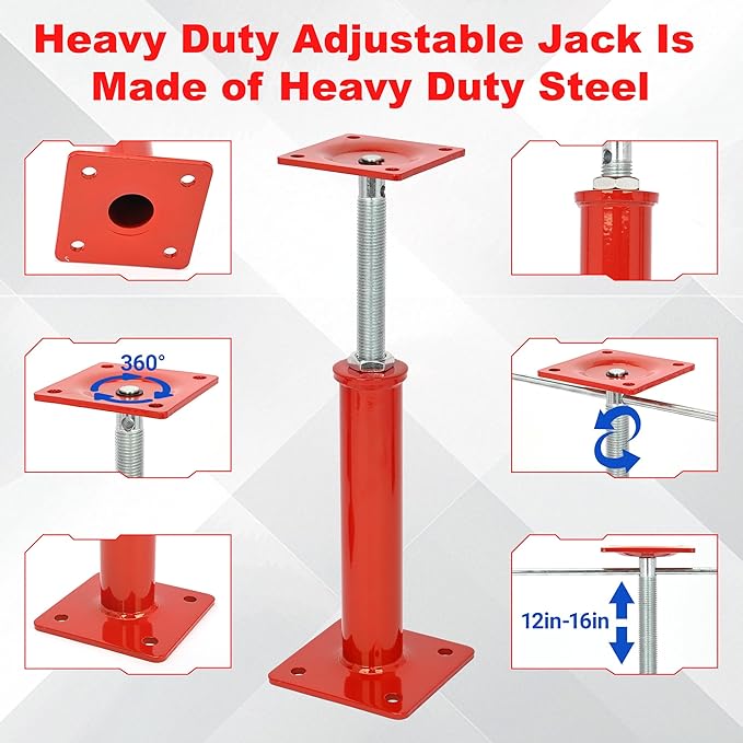 Heavy Duty Adjustable Screw Jacks for Crawl Space Leveling, 10"-18" Height Range, 10000 lbs Load Capacity (4 Packs), Steel Joist Beam Support Jacks for Basement, Cellar & Floor Stabilization