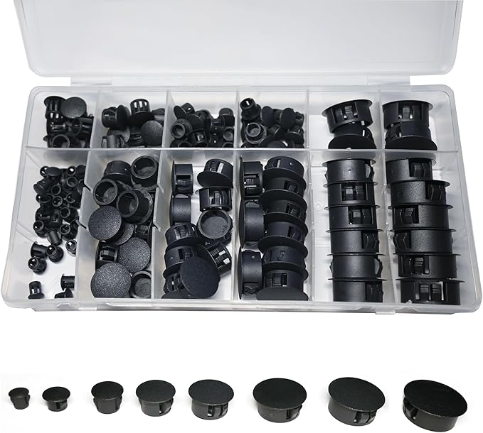 135Pcs 8 Sizes Nylon Plastic Hole Plugs 1/4" 5/16" 3/8" 1/2" 5/8" 3/4" 7/8" 1", Hole Plugs for Round Holes, Screw Hole Covers, Base Plugs, Furniture & Cabinet Hole Cap - Black