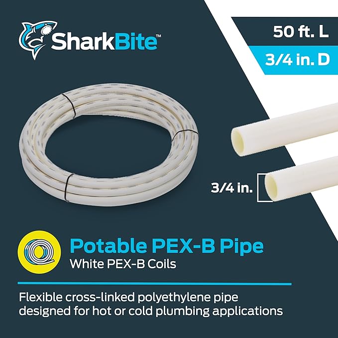 SharkBite 3/4 Inch x 50 Feet White PEX-B, PEX Pipe Flexible Water Tubing for Plumbing, U870W50