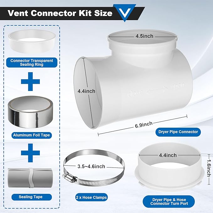 Dryer Lint Trap, Indoor Dryer Vent Kit, Metal Lint Catcher Box with 90 Degree Dryer Vent Elbow Set Vent Duct Hose Clamps Sealing Tape Cleaning Brush Filter Screens Space Saving Connector Kit