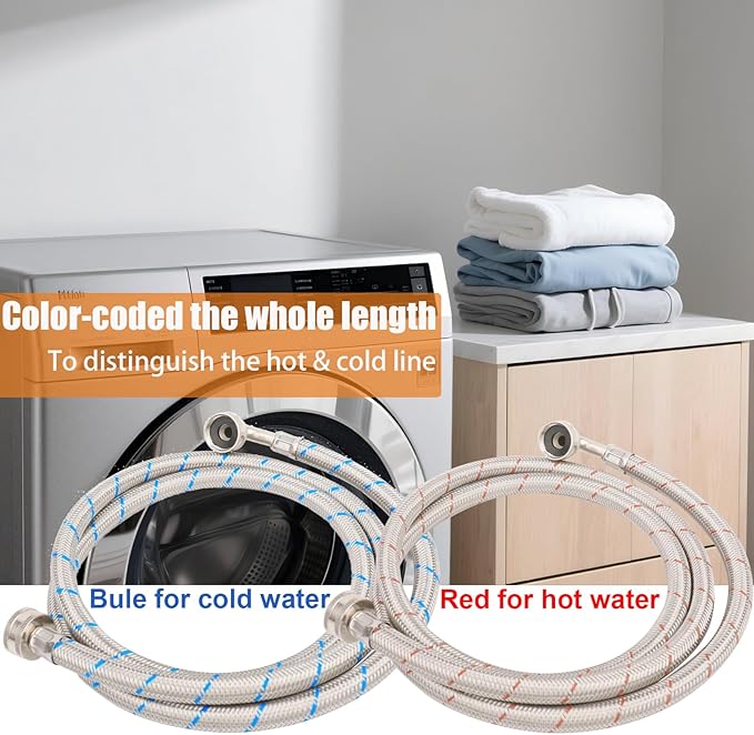 WHK 2 Pack 10ft Washing Machine Hoses Stainless Steel Washer Hoses with 90 Degree Elbow Washer Hot and Cold Water Hose Connection Inlet Washer Supply Lines