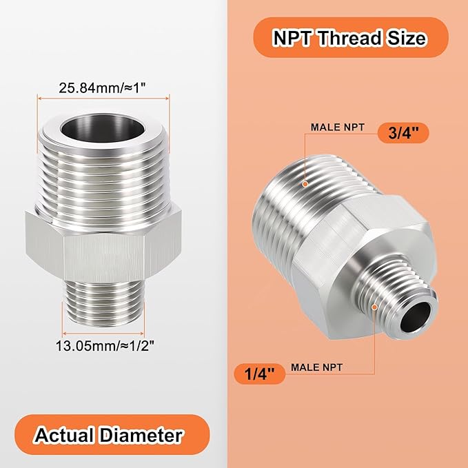 2 Pack 304 Stainless Steel Male to Male Adapter, 3/4" Male NPT x 1/4" Male NPT Hex Nipple Pipe Extension Fitting for Industrial, Automotive, Fluid Transfer, Home Gardening, Water