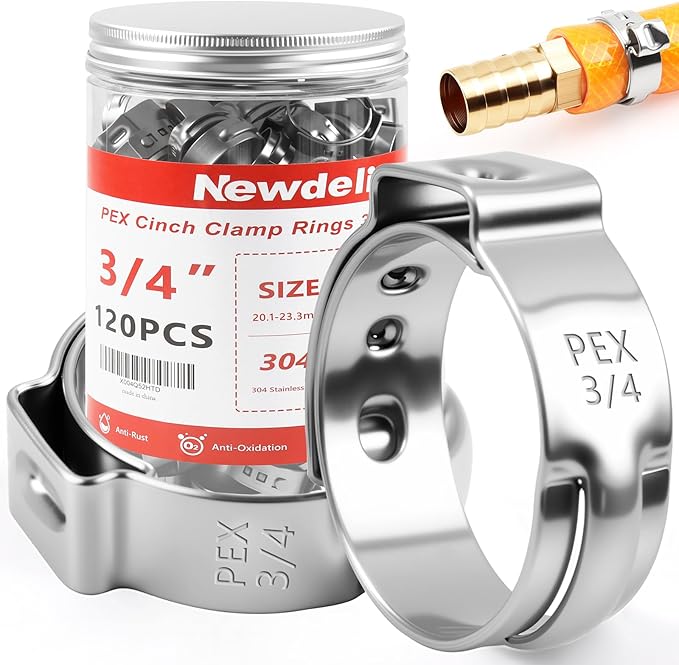 Newdeli 120pcs 3/4 inch Pex Crimp Rings Stainless Steel PEX Clamps Single Ear Hose Clamps Pex Fittings Cinch Pinch Clamp for Pipe Tubing Plumbing