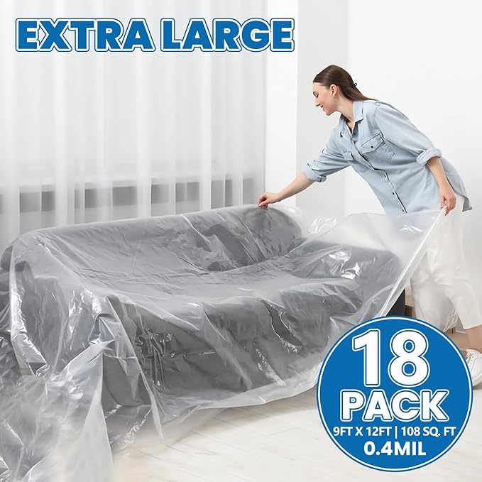 18 Pack Plastic Drop Cloth, 9 x 12 Feet Plastic Sheeting, Painter's Sheeting & Tarps for Painting, Dustproof Painters Plastics Tarp for Furniture Cover
