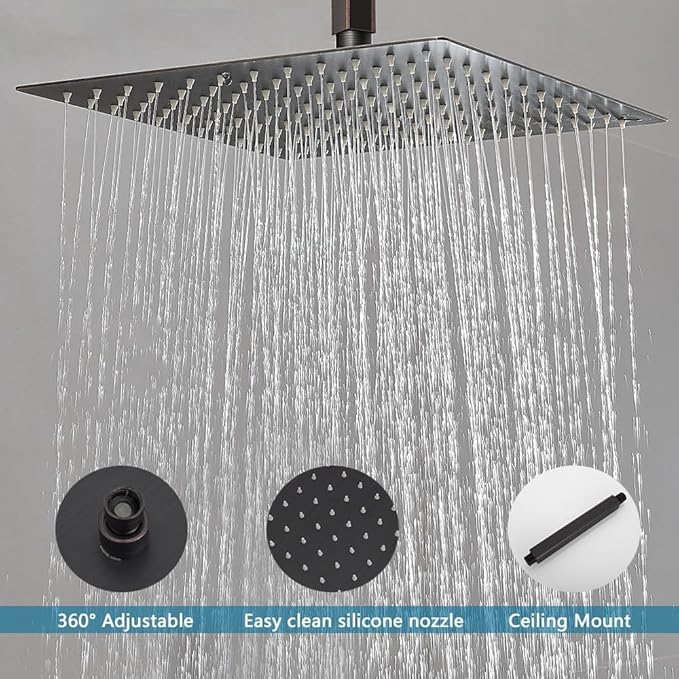 16 Inch Ceiling Mount Oil Rubbed Bronze Shower System Bathroom Luxury Rain Mixer Shower Combo Set Ceiling Rainfall Shower Head System (Contain Shower Faucet Rough-in Valve Body and Trim Kit)