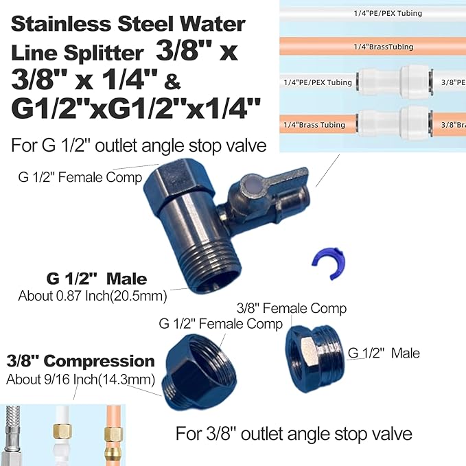 Stainless Steel Water Line Splitter, 3/8" x 3/8" x 1/4" & G1/2"xG1/2"x1/4" Tee Stop Valve with Quick Connect, for RO System, Refrigerator, Ice Maker, Includes 1/4" & 1/4" to 3/8" Adapters + Teflon Ta