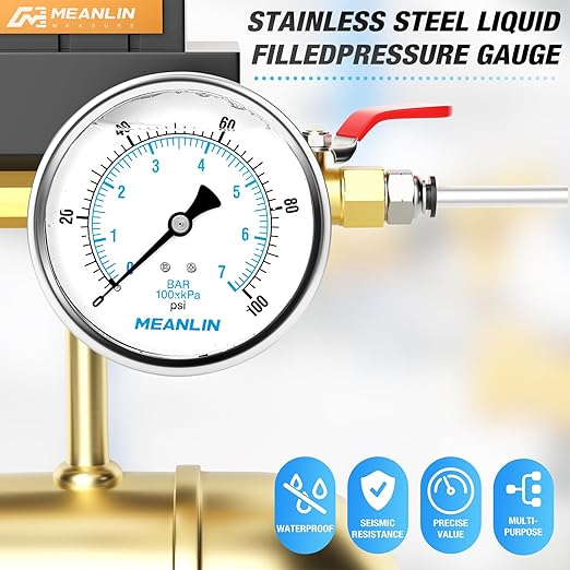 MEANLIN MEASURE 0~100Psi Stainless Steel 1/4" NPT 4" FACE DIAL Liquid Filled Pressure Gauge WOG Water Oil Air Back Mount, with 1/4" x 1/2" NPT and 1/4" x 3/8" NPT Hex Bushing