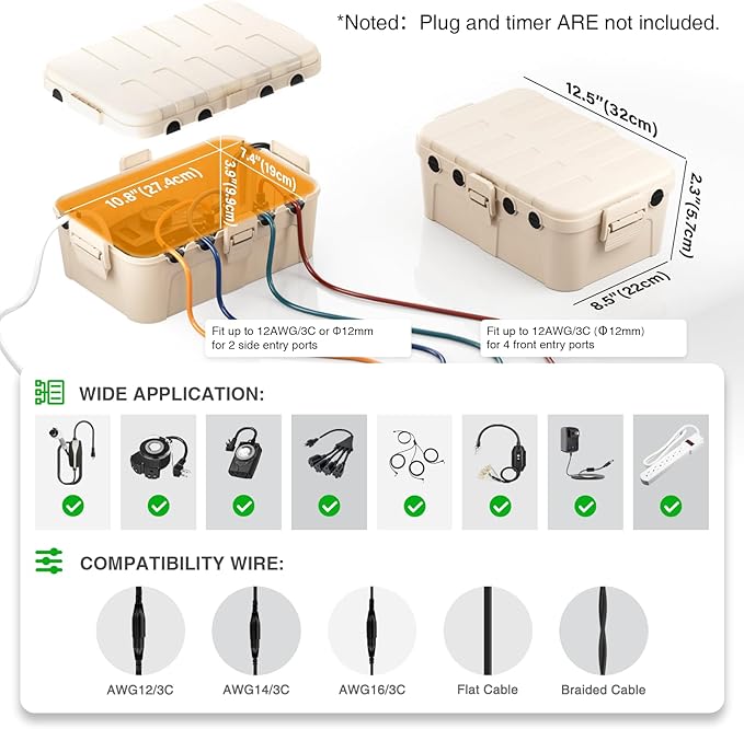 Flemoon 2-Piece Outdoor Waterproof Electrical Box Set – 12.5" x 8.5" x 5" Large & 8.1" x 4.9" x 3.1" Small Weatherproof Electrical Boxes for Power Strips, Outlets, Holiday String Lights, Almond