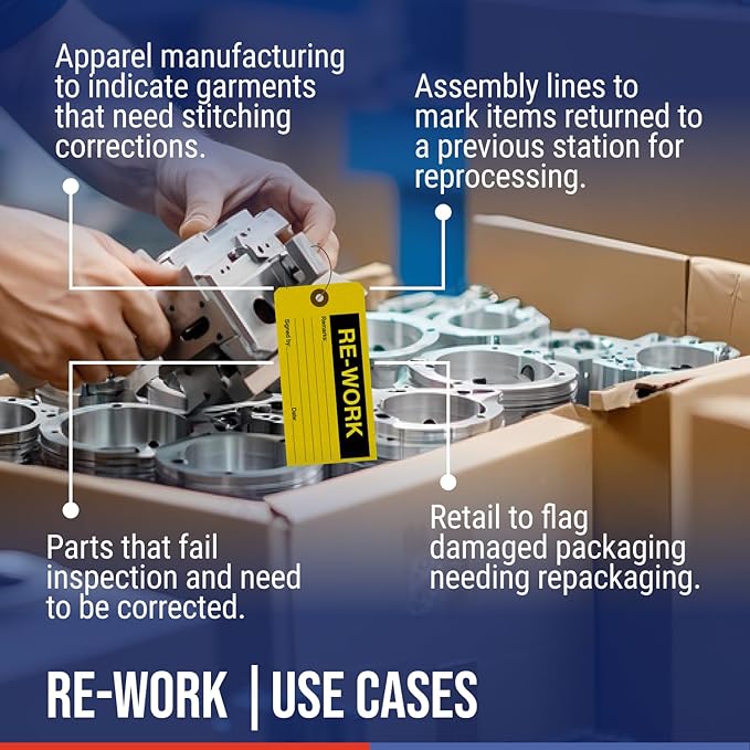 Tags 4 Less Production Quality Control Hang Tags – Equipment Preventative Maintenance Labels, for Easy Record-Keeping for Inventory Status (Re Work, Pack of 100)