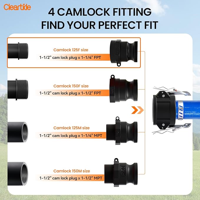 Cleartide Pool Backwash Drain Hose with Camlock Fittings, 1-1/2" x 25ft Heavy Duty Reinforced Blue PVC Lay Flat Discharge Hose for Pump, Pool Drainage, Includes 125F Adapter & Stainless Steel Clamp