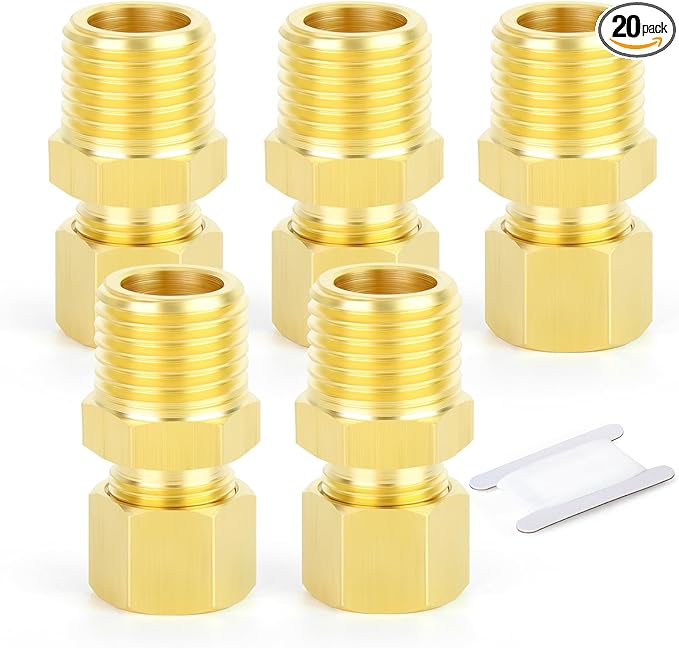 GASHER 5PCS Brass Compression Tube Pipe Fitting Connector, Straight Coupling Adapter 1/4" Tube OD x 1/2" NPT Male Connector