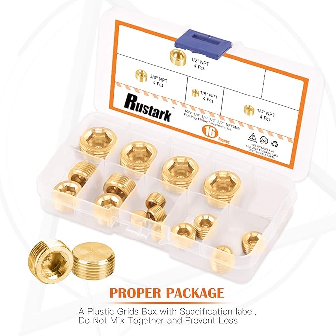Rustak 16 Pcs Brass Pipe Plugs Assortment Set 1/8" 1/4" 3/8" 1/2" NPT Brass Pipe Fitting, Internal Hex Thread Socket Plug Kit for Water Pump Ports, Oil Sender Holes, Engine Block