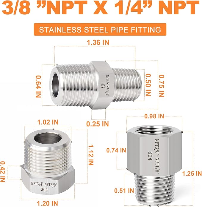 GASHER 6PCS 304 Stainless Steel Pipe Fitting, Hex Bushing, Reducer Adapter, Reducing Hex Nipple 3/8 Inch NPT x 1/4 Inch NPT