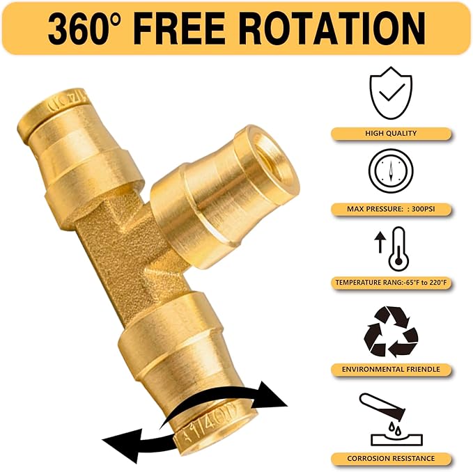 1/4" DOT Air Fittings,1/4" Tube OD Tee Union Brass Air Brake Line Fittings Push in Fitting, Push to Connect Union Fittings, for Trucks Trailers Use and Air System Industria Workshops (4 PCS)