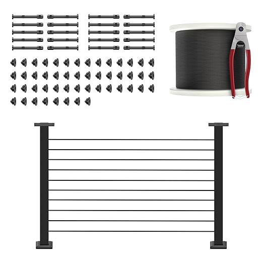 36" Cable Railing Post Kits, Flat Top Cable Post System Includes 2Pack Updated 35" Level Drilled Posts, 1/8" Black Wire Rope with Cutter, Swageless Cable Railing Tensioner System Kit, RG31