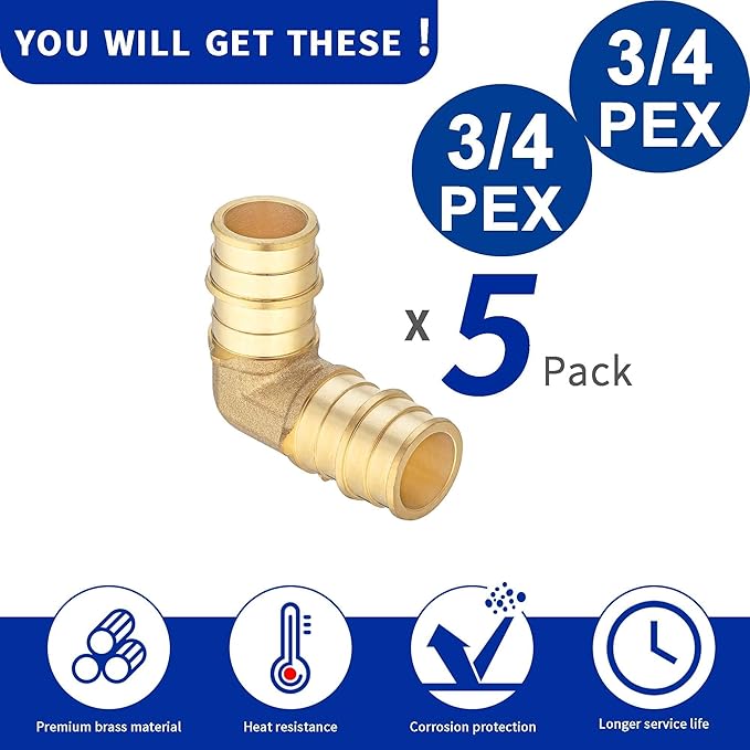 (5 Pack) Lidertik Pex Fittings 3/4 Inch 90 Degree Elbow Expansion Fitting, 3/4" PEX ASTM F1960 to 3/4" PEX ASTM F1960 Brass plumbing connection, Only for PEX Tube Expansion Install