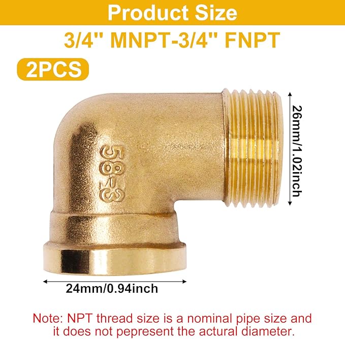 2pcs Brass Pipe Fitting 90 Degree Elbow 3/4" NPT Male to 3/4" NPT Female Pipe Fittings