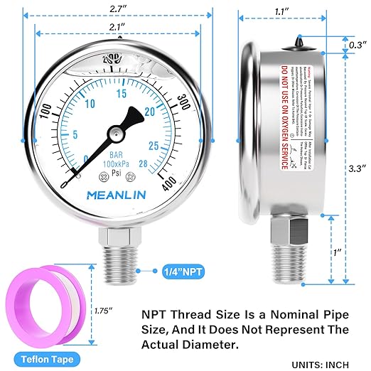 MEANLIN MEASURE 0~400Psi Liquid Filled Pressure Gauge Stainless Steel with 316 Stainless Steel Joint 1/4" NPT 2.5" FACE DIAL for Air Compressor Air Regulator Water Filter Lower Mount