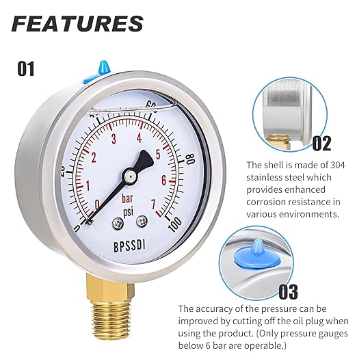 0-100 Psi Lead-Free Glycerin Liquid Filled Low Pressure Gauge, 2.5" Dial Size, 1/4" NPT Lower Mount, 304 Stainless Steel Case, for Water Pipe, HVAC, Water Oil Air Pressure Test