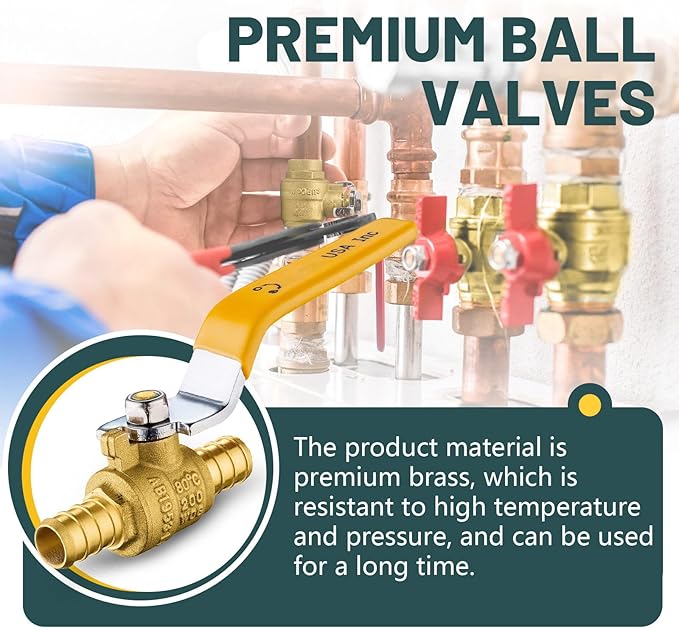 100 Pack Ball Valves, 1/2" Pex Crimp Shut Off Valve Yellow, Brass Full Port Pex B Shut Off Ball Valve for Hot and Cold Water, NSF/ANSI 61 Certified