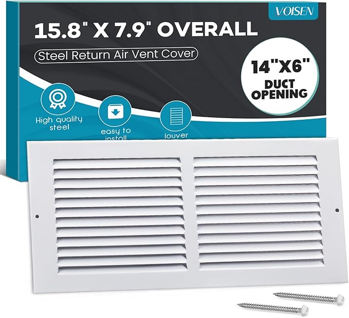 VOISEN Return Air Grille,Fits 14x6 Duct Opening,Steel Return Vent Cover, White Vent Cover Grill for Sidewall and Ceiling,HAVC Cold Air Return Vent Cover,Overall Size:15.8"W X 7.9"H