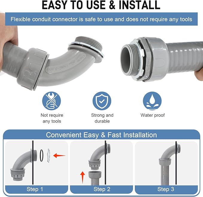 DWALE Liquid-Tight Conduit and Connector Kit,Flexible Non Metallic Liquid Tight Electrical Conduit,1-1/2inch50ft Electrical Conduit Kit,with 4Straight and 3 Angle Fittings Included,1-1/2 in. Dia