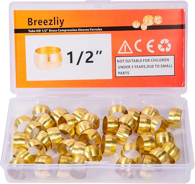 40PCS Tube OD 1/2" Brass Compression Sleeves Ferrules,Brass Compression Fitting Assortment Kit