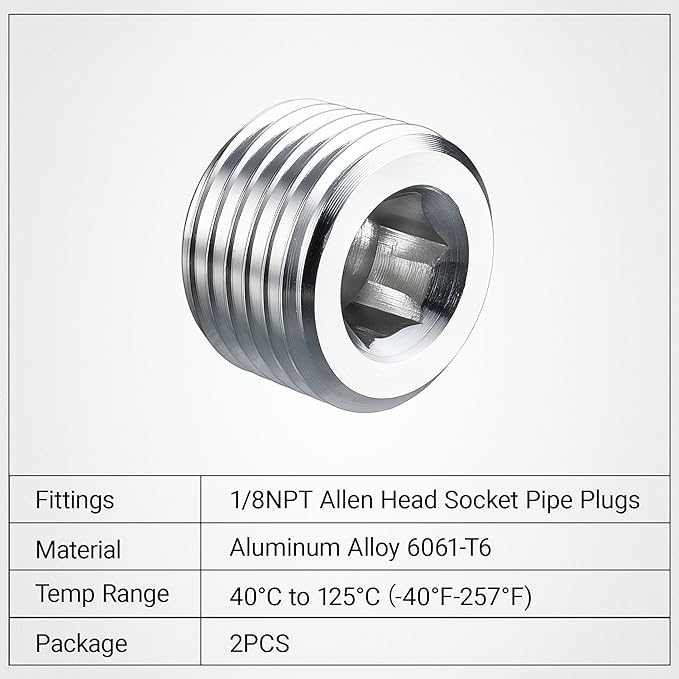EVIL ENERGY 1/8" NPT Plugs Aluminum Socket Allen Head Silver, Pack of 2