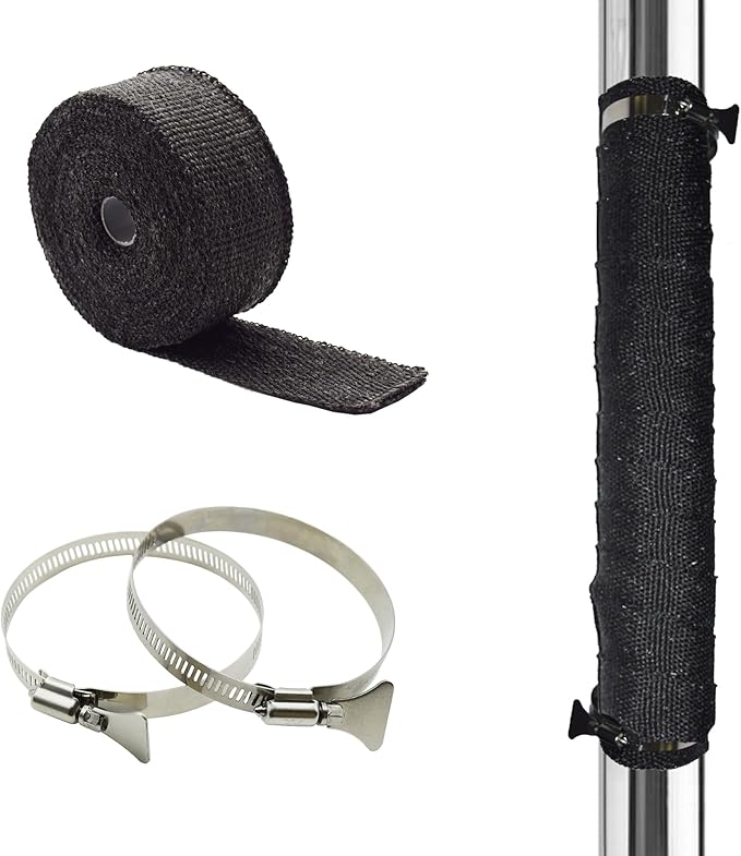 DOBTIM Fireproof Pipe Wrap Insulation 2" Wide X 32' Long, Fiberglass Heat Shield Tape Pipe Webbing for Stove Flue Protector with 2 Clamps, Black