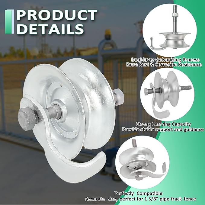 5'' Sliding Gate Rollers for 1-5/8'' Pipe Track, Heavy Duty Galvanized Steel Gate Wheel with Bolts, U Groove Wheel Hardware Replacement kit(2pack)