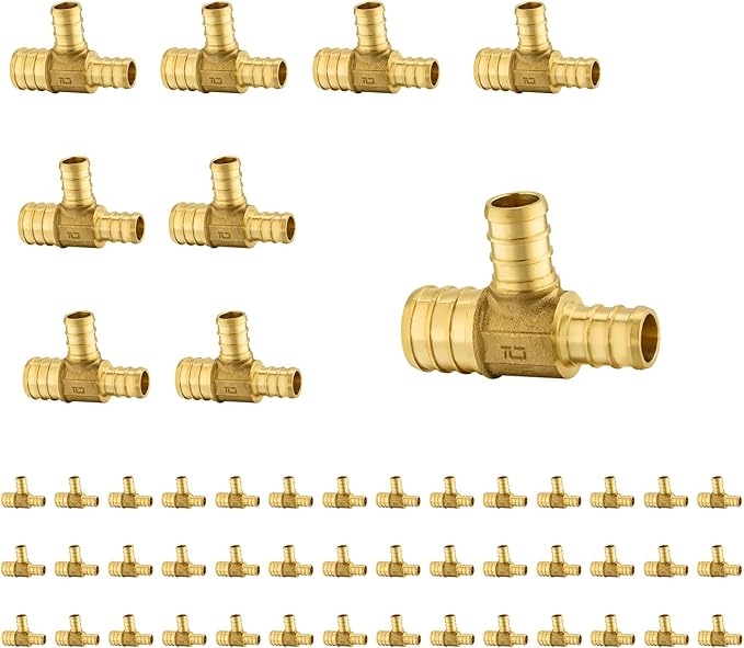 50-Pack Foskan PEX Fittings, 1"x3/4"x3/4" Reducing Tee,Brass Barb Crimp PEX Fittings for Hot or Cold Water Distribution