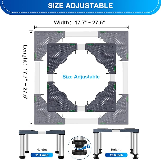 Adjustable Height (11.4"-12.6") Mini Fridge Stand & Washer Dryer Pedestal Base – Universal Laundry Stand with 4 Strong Feet, Fits 16"-27" Appliances