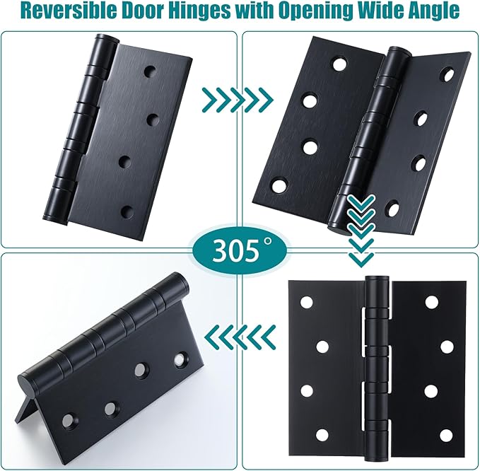 6 Pcs 4'' Ball Bearing Door Hinges Stainless Steel Heavy Duty Hinges 4 x 4 Inch Exterior Door Hinges with Square Corners (Black)