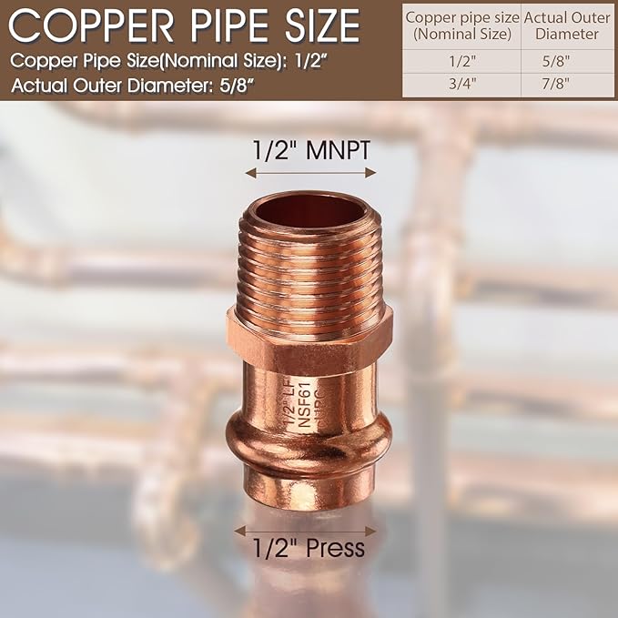 Copper Press Male Adapter,12PCS 1/2" Press x 1/2” NPT Male Copper Press Fittings Adapter,1/2” Male NPT x Press LF Coppers Press Adapter Pressure Coppers Fitting Male x Press Connection for Plumbing