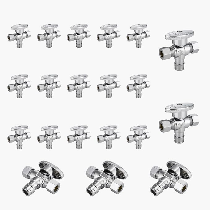 20-Pack GUOFIS PEX-A Angle Stop Valve with Dual Compression Outlet,1/2" PEX-A Expansion Inlet x (3/8" x 3/8") Outlet Shut-off Valves(1/4 Turn,Chrome)(VALVE128-20Pack)