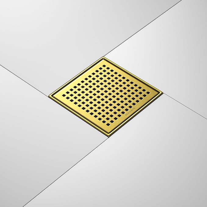 Square Shower Drain 6", 304 Stainless Steel Floor Drain with Grid Drain Cover & Hair Strainer, Shower Drain w/CUPC Certified, Brushed Gold
