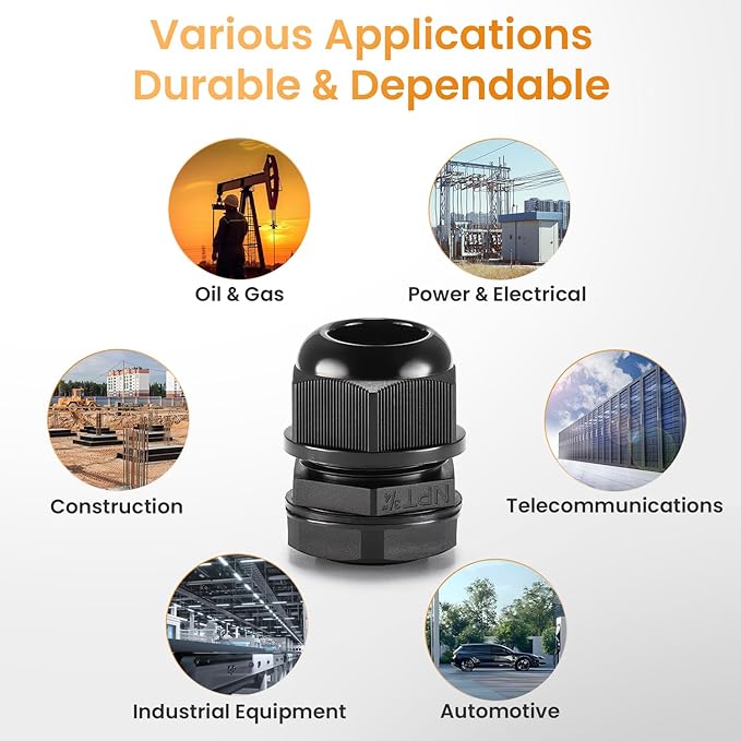 QILIPSU 6pcs 3/4" NPT Cable Gland Waterproof IP68 Nylon Cable Pass Through Cord Grip Connector Strain Relief Wire Grommet