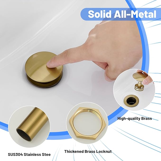 BWE Brushed Gold Pop Up Drain for Bathroom Sink Without Overflow Bathroom Sink Stopper Assembly with Sink Drain Strainer, Brass