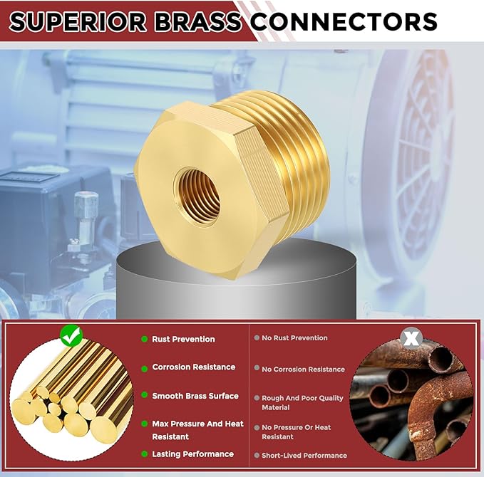 Pack of 2, 1" Male NPT to 1/4" FeMale NPT Solid Brass Hex Bushing, Hose Fittings Adapter Threaded Reducer Heavy Duty for Pipe Leak Repair, Bathroom Remodel, Compression