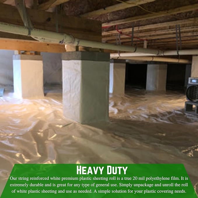 Farm Plastic Supply - Crawl Space Vapor Barrier - 20 mil - White Heavy Duty Plastic Sheeting - Thick Polyethylene Film, Drop Cloth Vapor Barrier Covering for Crawlspace and Basement (6' x 25')