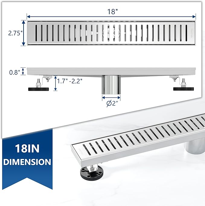 Neodrain 18" Brushed Linear Shower Drain Shower Linear Drain, Removable Capsule Pattern Grate, Bathroom 304 Stainless Steel Rectangle Shower Floor Drains- CUPC Certified