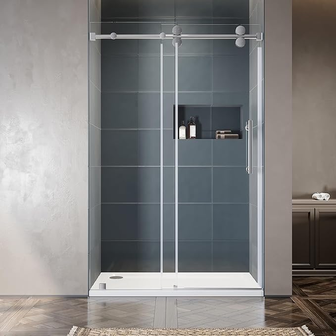 50-55 Inch x 76 Inch Sliding Frameless Shower Door, 3/8" Tempered Glass with Easy-Cleaning Coating, Stainless Steel Rollers & SGCC-Certified Stability, Brushed Nickel