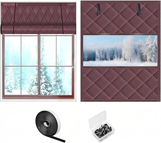 Thermal Window Cover for Wintern, Window Insulation Kit Blackout Oxford Curtain, Thicken Warm Waterproof Attic Insulation Blanket, Draft Blocker in Home RV 38 39 47 57 62 63in(Browns,26x35in)