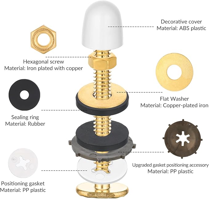 Toilet Bolts for Floor, 2 Pack Heavy Duty Toilets Floor Bolts and Caps Closet Metal Flange Bolt Kit With Washers, Nuts, Caps, Secure Toilet Bowl to Floors, Replacement Hardware for Top Mount Hinges